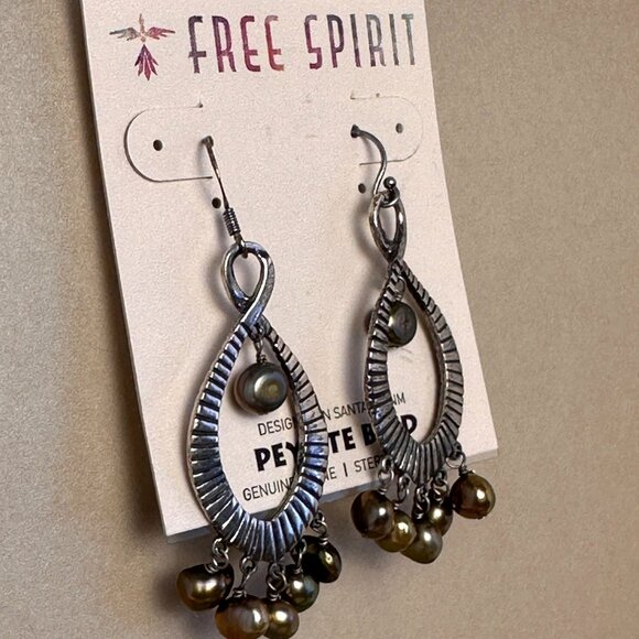 Peyote Bird Boho Teardrop Earrings Bronze Pearls Oxidized Silver NWT Signed - Picture 3 of 11